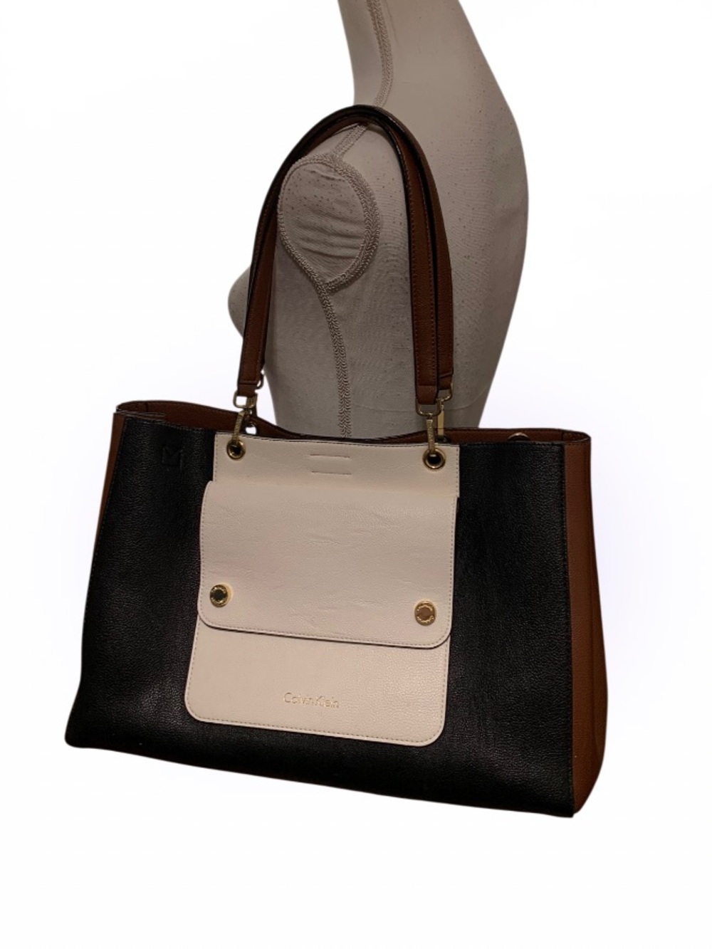 Calvin Klein Black, Cream & Brown Colorblock Leather Tote